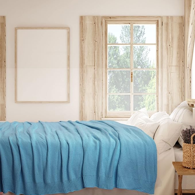 PiccoCasa 100% Cotton Knit Blanket Twin Size,Solid Lightweight Decorative Throws and Blankets,Soft Knitted Throw Blanket for Sofa Couch, Pale Azure 60" x 78"