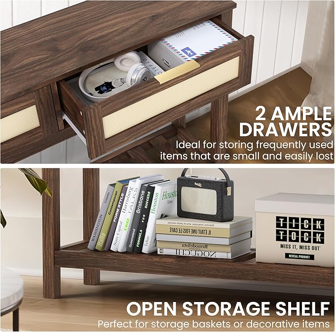Console Tables with 2 Drawers,Rattan Entryway Table with Storage Shelf,Wood Boho Foyer Tables for Entryway,Farmhouse Console Tables for Living Room,Hallway, Sofa Table,Study Or TV Wall
