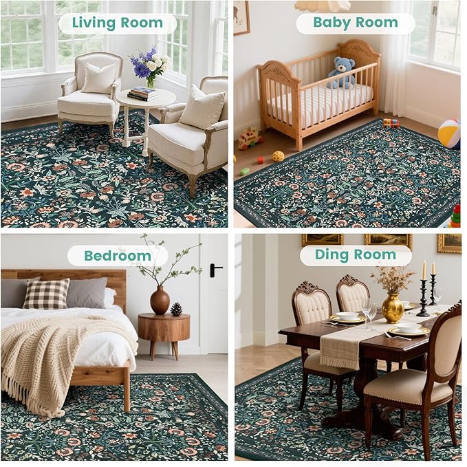 Area Rug Washable Rug Runner, 2.6X8 Hallway Runner Rugs for Bedroom Floral Boho Carpet Ultra-Thin Soft Kitchen Mats for Floor, Non-Slip Stain Rugs for Living Room, Entryway, Kitchen, Hallways, Green