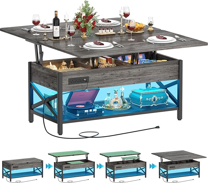 Aheaplus Coffee Table Lift Top Multi-Function Coffee Table Converts to Dining Table, with LED Light and Power Outlet, Center Table with Shelves for Living Room Reception Home Office, Black Oak