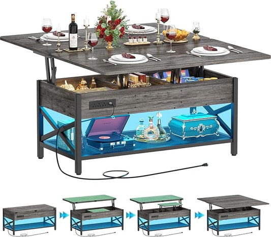 Aheaplus Coffee Table Lift Top Multi-Function Coffee Table Converts to Dining Table, with LED Light and Power Outlet, Center Table with Shelves for Living Room Reception Home Office, Black Oak