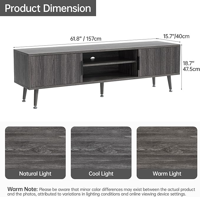 Mid Century TV Stand, Modern TV Console for TVs up to 70 Inches, Entertainment Center with Storage, TV and Media Consol, 62 Inch (Gray)
