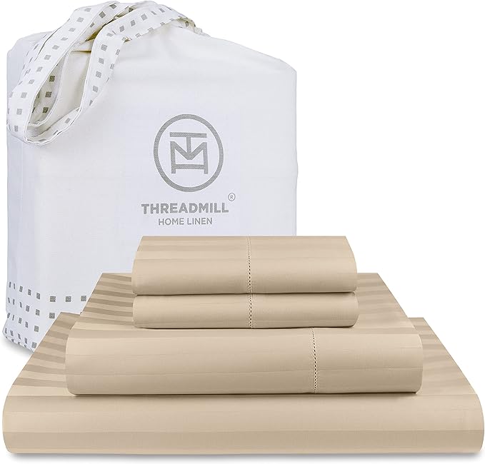 Threadmill 500 Thread Count King Size Damask Stripe, 4 Pc Luxury Cotton Bedsheet Set, Silky Soft Light Beige Sheets with 16" Elasticized Deep Pocket, 2 Pillowcases & Free Tote Bag