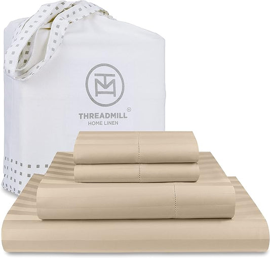 Threadmill 500 Thread Count Queen Size Damask Stripe, 4 Pc Luxury Cotton Bedding Set, Silky Smooth Light Beige Sheets with 16" Elasticized Deep Pocket, 2 Pillowcases & Free Tote Bag