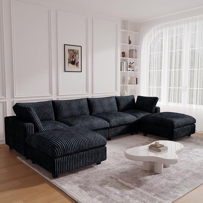 JACH Modern U Shape Sectional Couch, Convertable Modular Couches with Chaise Ottomans, Deep Seat Sofas, Sofa Covers Washable, Minimalist Plush Sofa for Living Room, Apartment, Black