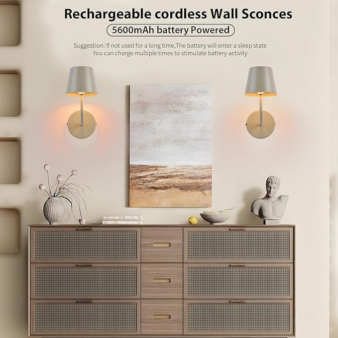 LED Wireless Wall Lamp Set of 2, with 5600mAh Rechargeable Battery Powered Wall Sconces, Touch For Remote Control Infinite Dimming Be used for Bedroom Mirror Living Room Wall Painting(Apricot)