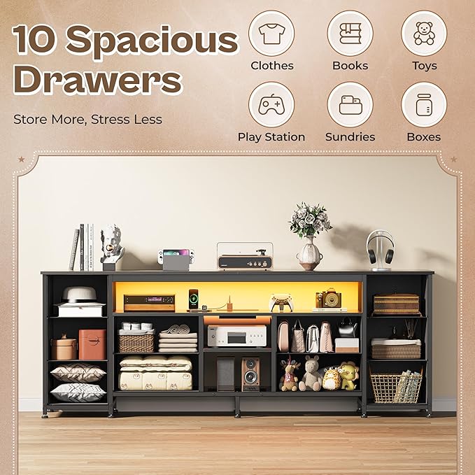 Huuger 63 Inch LED TV Stand Dresser with Power Outlets, USB-C Port and LED Lights, 10 Fabric Drawer Dresser for Bedroom, Long Entertainment Center for 65, 70 Inch TV, Open Shelves, PU Leather, Black