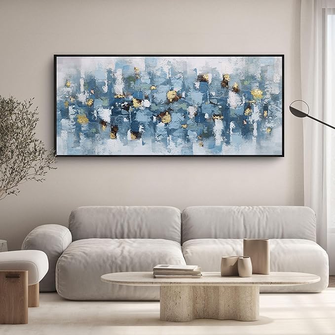 KLAKLA Blue and White Abstract Wall Art - Living Room Wall Decor Gold Picture Artwork for Walls Prints Paintings Framed Canvas Bedroom Office Guest Room Home Decoration 70x31 Inches