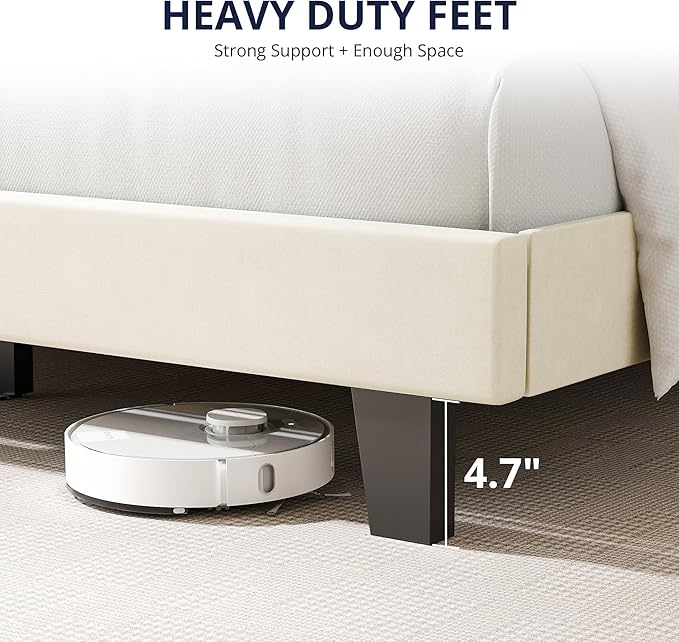 Cozy Castle Full Size Bed Frame, Upholstered Platform Bed with Velvet Adjustable Curved Headboard, Mattress Foundation with Strong Wooden Slats, No Box Spring Needed, Easy Assembly, Cream