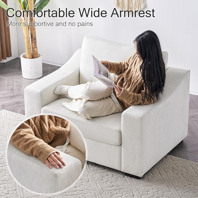 ELUCHANG 47" Oversized Accent Chair, Linen Fabric Modern Lounge Chair with Deep Seat, Washable Cover, Comfy Upholstered Large Sofa Armchair Reading Chair for Living Room, Bedroom, Office, Ivory