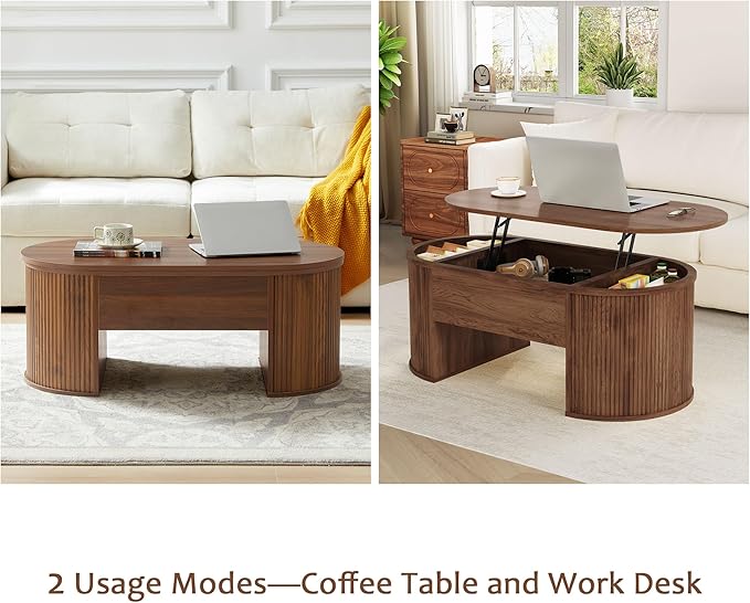QHITTY Fluted Coffee Table with Lifting Top, Oval Wood Lift Top Coffee Table with Hidden Compartment, Mid Century Pull up Center Tables for Living Room, Office - Walnut