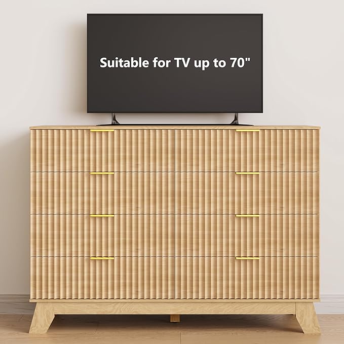 Fluted Dresser for Bedroom, 8 Drawer Dressers & Chest of Drawers, Mid Century Modern Dresser for Closet Boho Bedroom Furniture, Nature Wood Chest of Drawers Storage Organizer for Living Room