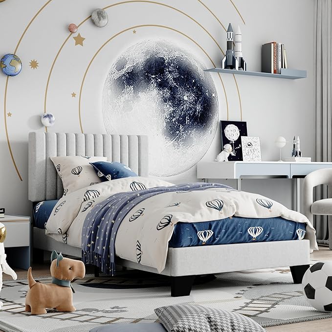 Twin Size Bed Frame, Fabric Upholstered Platform Bed with Adjustable Headboard, Sturdy Frame and Wooden Slats, Noiseless, No Box Spring Required, Easy to Assemble, Light Grey