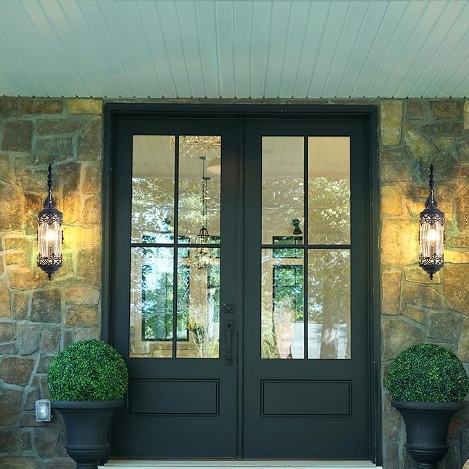 Rustic Wall Sconce with Amber Glass Mini Vintage Antique Gothic Wall Light Fixture Retro Farmhouse Mid Centry Lantern Wall Sconce for Bedroom, Hallway, Living Room, Mirror, Black, E12