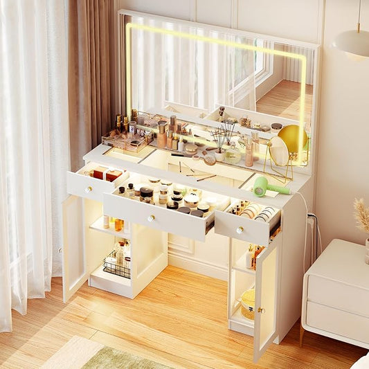 Pamapic Makeup Vanity with Crystal Knobs, Glass Top Vanity Desk with Mirror and Lights, Power Outlet, Drawers and Cabinet, 3 Lighting Color Adjustable Dressing Table, Upgraded Silent Slides, White