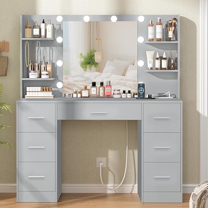 Quimoo Large Vanity Desk with LED Lighted Mirror & Power Outlet,Makeup Vanity Table with 7 Drawers,4 Shelves and 5 Hooks,Vanity Table, Vanity Desk Set for Bedroom,Bathroom,Grey