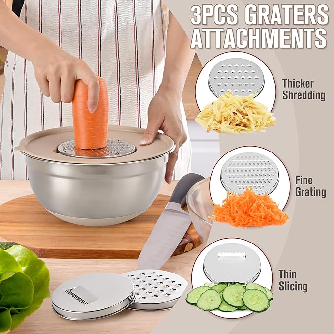 30PCS Mixing Bowls with Lids Set, Stainless Steel Nesting Bowls with Graters, Non-Slip Silicone Bottom, Large Khaki Bowls 7QT to 1QT & 21 Measuring Cups and Spoons Great for Mixing, Baking, Serving