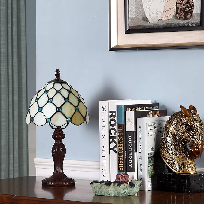 Tiffany Small Table Lamp for Living Room Blue Beads Stained Glass Bedside Nightstand Table Lamps for Bedroom Set of 2,3-Color Temperatures 8X8X15 Inch Hotel Home Office Desk Lamps