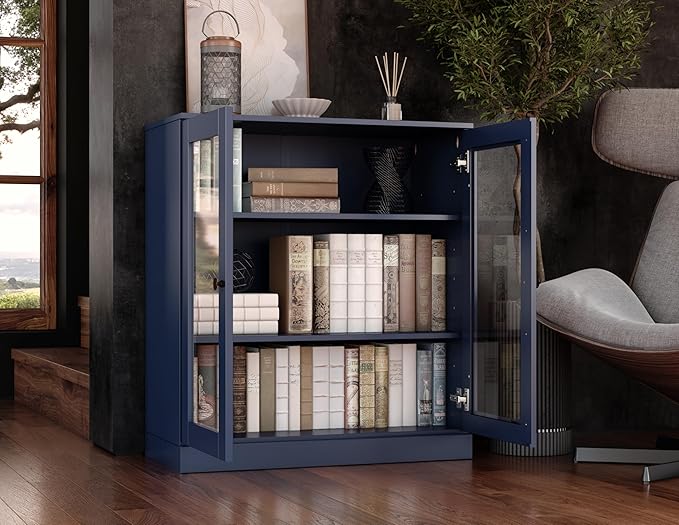 Palace Imports Solid Wood Bookcase - Floor Standing Bookshelf - 32” W - Display Furniture, Renewable 100% Eco-Friendly Wood, Made in Brazil (Navy Blue, Clear Glass Doors | 3-Shelf Short Bookcase)