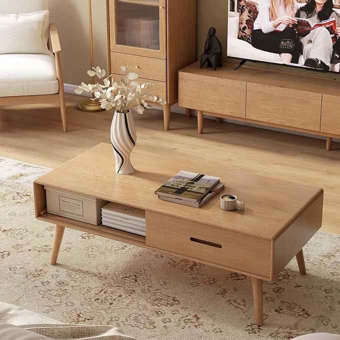 100% Solid Wood Coffee Table for Living Room, Living Room Table with Shelf Storage and 2 Drawers, Mid Century Modern Table,Oak Coffee Table for Home (Natural Colour, 47.24'' W)