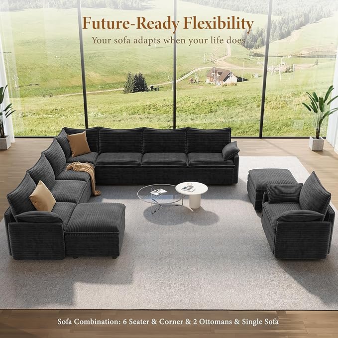 Vesgantti Large Modular Sectional Sofa, Big Comfy Cloud Couch with Ottoman Deep Seat Corduroy Cloud Sofa, 9 Seater Large Sectional Couches for Living Room, Bedroom and Apartment, Gray