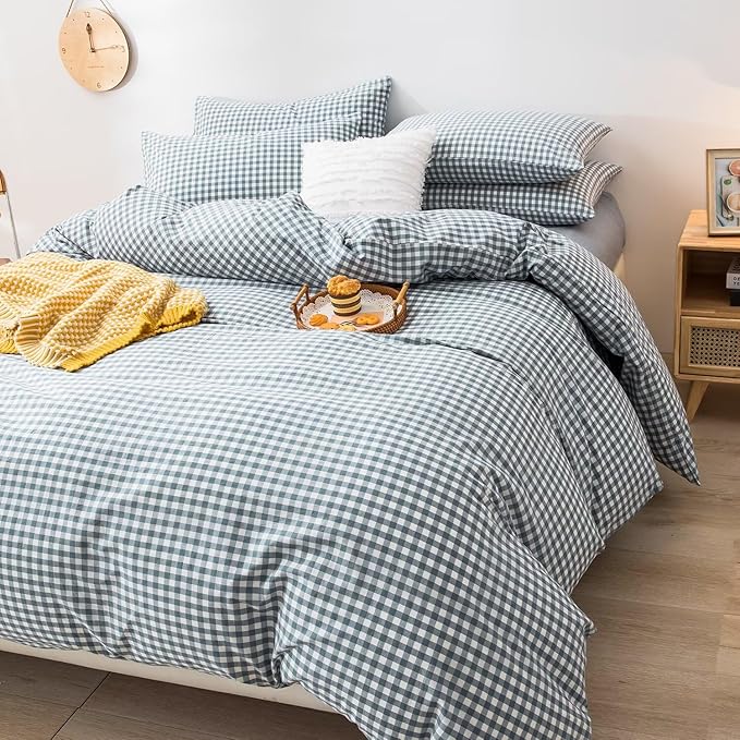 mixinni Blue Gingham Comforter Set Full, Plaid Comforter Set 3 Pieces 1 Blue Grid Comfoter with 2 Pillow Cases for All Seasons, Soft Fluffy Modern Grid Pattern Printed Bedding-Full Size