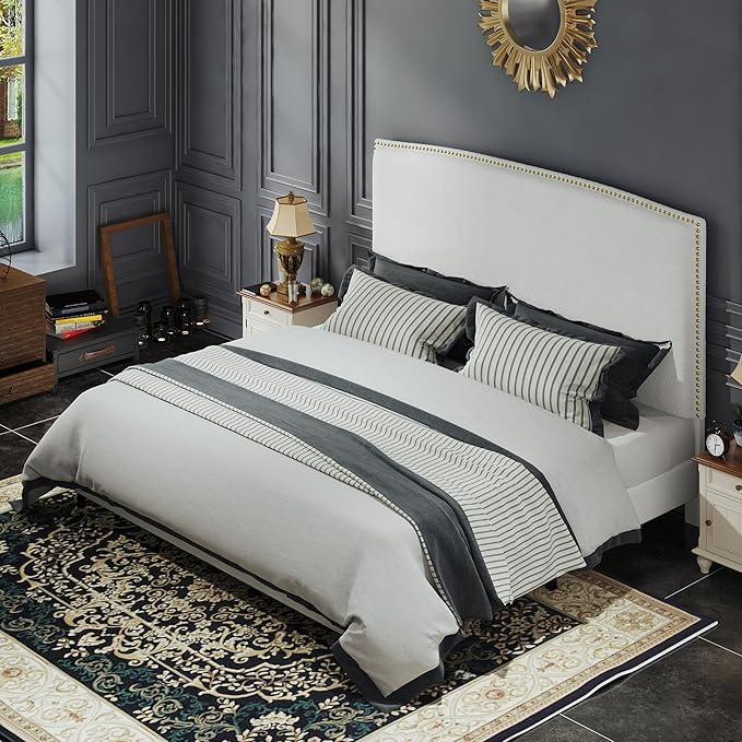 King Size Bed Frame and Headboard, 56" Upholstered Platform Bed with Nailhead Trim, Soft Boucle Fabric, No Box Spring Needed, Easy Assembly, White