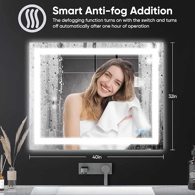 Antok 32"x 40" LED Bathroom Mirror with Lights, Anti-Fog, Dimmable, Lighted Vanity Mirror with Tempered Glass, Memory Function, 3 Light Modes, Safe Use, Horizontal, Vertical