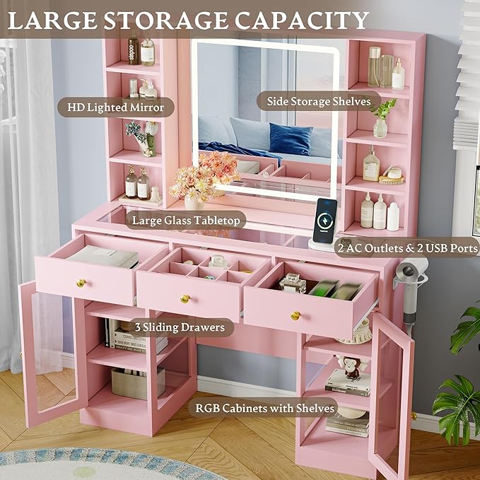 Makeup Vanity Desk with HD Lighted Mirror & Power Outlet, Glass Top Vanity Table Set with Storage Drawers & RGB Cabinets, Large Dressing Table with 3 Lighting Modes for Bedroom Women Girls Kids, Pink