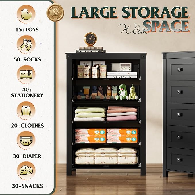 WLIVE Farmhouse 5 Drawer Dresser for Bedroom, Wood Dresser Storage Organizer, Tall Black Dressers with Double Rustic Handle, Chest of Drawers for Living Room, Hallway, Closet