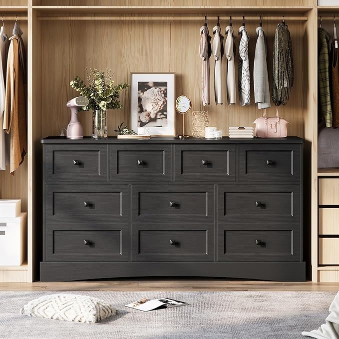 Hasuit Black Dresser for Bedroom with 10 Drawers, 55.2" Long Drawer Dresser with Charging Station, Farmhouse Dressers Chest of Drawer, Large Wooden Storage Tower Organizer, Dressers for Bedroom Closet