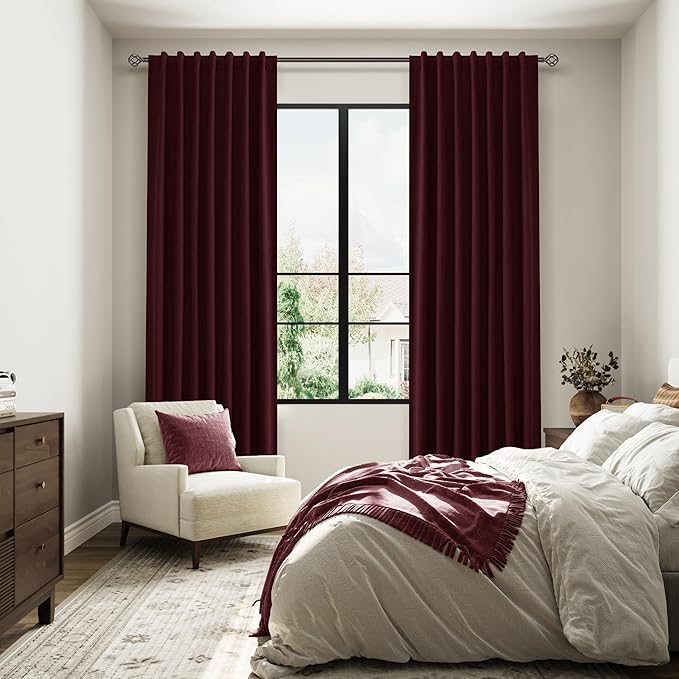 Guken Blackout Curtains 80 Inch Length 2 Panels Set for Living Room Bedroom Back Tab Thermal Insulated 100% Black Out Linen Drapes Room Darkening Window Curtains 80 Inches Long,Burgundy