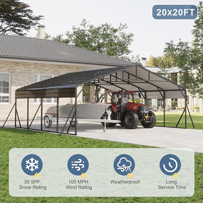 20x20 FT Metal Carport, Garage with Updated Frame Structure, Galvanized Steel Roof and Enhanced Base Canopy, Metal Garage Car Shelter Shade for Car, Boats and Truck