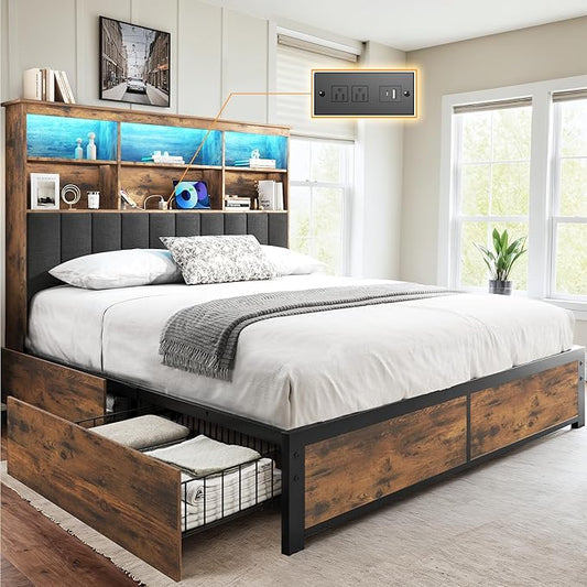 HISOFT Queen Bed Frame with Headboard, Wood Bed Frame with High Storage Bookcase, 4 Storage Drawers & LED & Charging Station,No Box Spring Needed/Noise Free/All-Metal Support, Vintage Brown