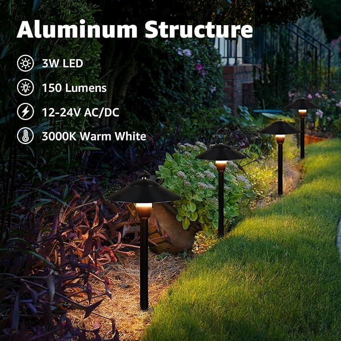 SUNVIE LED Low Voltage Landscape Lights 3W Cast-Aluminum Pathway Lights Low Voltage 12-24V Waterproof Landscape Path Lights 3000K Landscape Lighting for Yard Garden Walkway ETL Listed Cord, 12 Pack