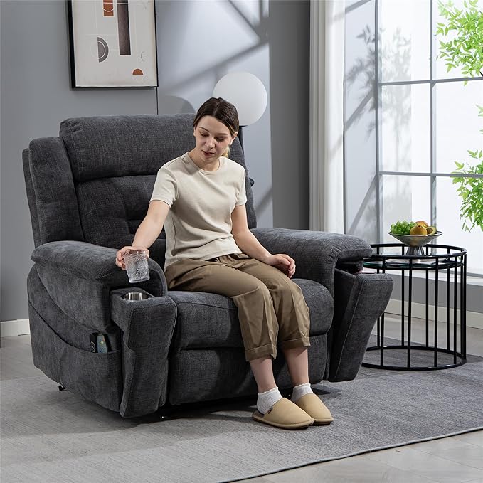 28 Inch Extra Wide Recliner Lay Flat 180°, Big Man 400lbs Oversized, Power Lift Recliner with Heat and Massage for Elderly, Large Heavy Duty Recliners with Cup Holders and Wireless Phone Charger