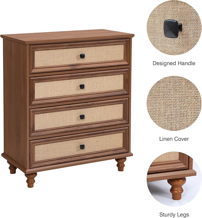 ORRD 4 Drawer Dresser for Bedroom, Mid Century Modern Wide Wood Rustic Chest of Drawers Wooden Storage Organizer Dressers with Burlap Rattan Drawers for Living Room, Hallway Closet, Entryway, Walnut