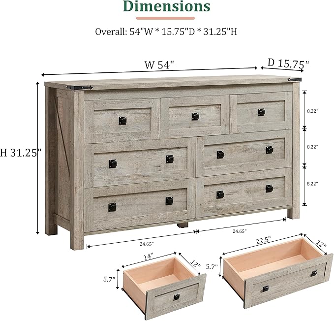 RedLemon 7 Drawer Dresser for Bedroom, Farmhouse 54" Wide Rustic Wood Dresser TV Stand, Dresser Chest of Drawers for Closet, Living Room, Hallway, Light Rustic Oak