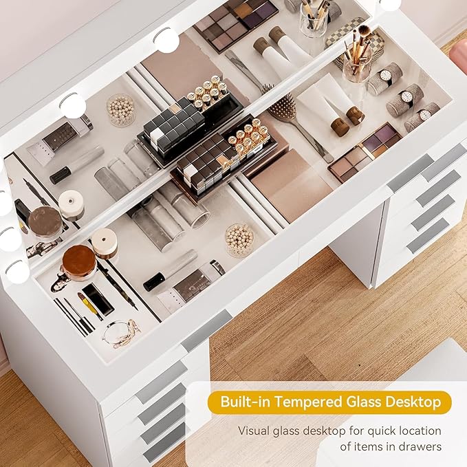 DWVO 46'' Glass Top Makeup Vanity with 10 Drawers, Vanity Desk Set with Large LED Mirror, Built-in Charging Station & Cushioned Storage Chair, Dressing Table with 3-Color Light Modes, Cream White