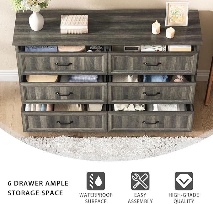 CARPETNAL Farmhouse Dresser and Nightstand Sets for Bedroom, 3 Pcs Bedroom Set, 6 Drawer Dresser & Nightstand Set of 2, Modern Wood Chest of Drawers for Bedroom, Living Room, Entryway, Grey