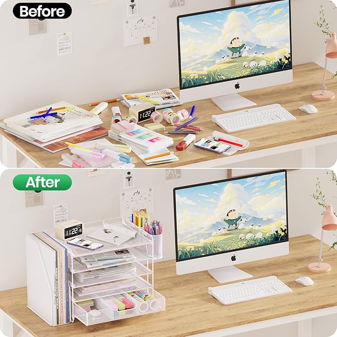 Desk Organizers and Accessories with File Holder, 5-Tier Office Desk Accessories & Workspace Desktop Organizer with Drawer and 2 Pen Holder, File Paper Organizer for Office Supplies(White)