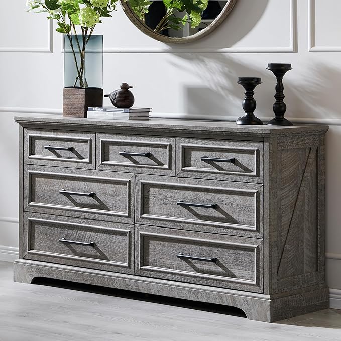 7 Drawer Dresser, Farmhouse Chest of Drawers for Bedroom, 52" Wide Dresser TV Stand with Large Metal Handles, Wood Drawer Organizer for Living Room, Hallway - Grey