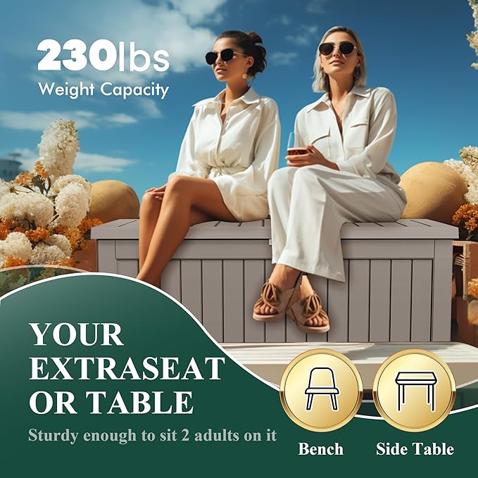 Vixzen 230 Gallon Resin Deck Box, Lockable Outdoor Storage Box for Patio Cushions Storage Furniture,Garden Tools, Pool Supplies, Weatherproof and UV Resistant- Grey