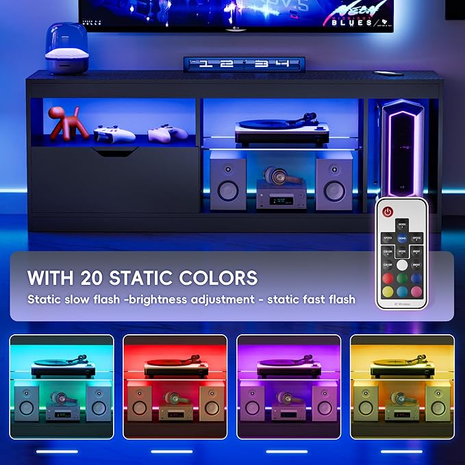 Homall LED TV Stand Mount for 65 inch, Modern Entertainment Center with LED Lights & High Glossy Cabinets, TV Cabinet Console Table with Drawer, Glass Shelves, Dynamic RGB Modes for Living Room, Black