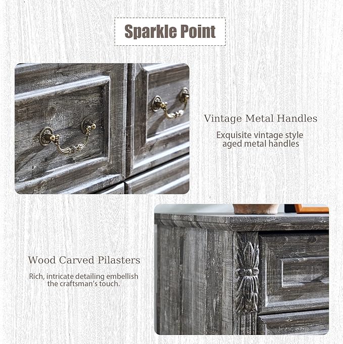 Farmhouse 7 Drawers Dresser, Dressers for Bedroom, 54" Wide Wood Rustic Chest of Drawers with Carved Pilasters, Storage Organizer, Living Room, Hallway, Light Gray