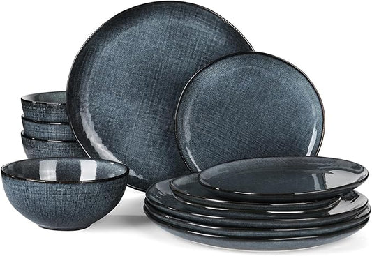 Famiware Moonlight Plates and Bowls Sets, 12 Pieces Stoneware Dinnerware Sets with Linen Finish, Handmade Dishware Set for 4, Microwave and Dishwasher Safe, Chip and Scratch Resistant, Dark Blue