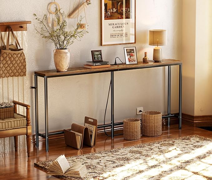SUPERJARE 70 Inch Console Table with Outlet, Sofa Table with Charging Station, Narrow Entryway Table, Skinny Hallway Table, for Living Room, Rustic Brown