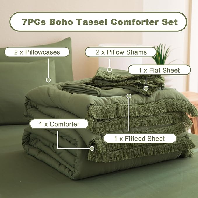 Andency King Size Comforter Set with Sheets Olive Green -7 Pieces Bed in a Bag Boho Tassel Bedding Sets, All Season Fringe Bed Set with Comforter, Sheets, Pillowcases & Shams