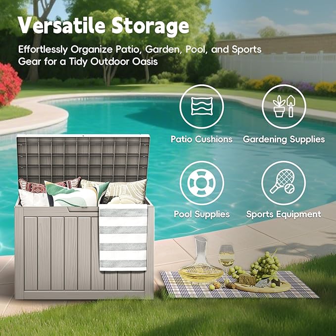 Outdoor Storage Box, 50 Gallon Waterproof Resin Deck Box, Storage Bin for Package Delivery, Patio Furniture Cushion, Garden Tools, Pool Accessories, Weatherproof and UV Resistant, Grey