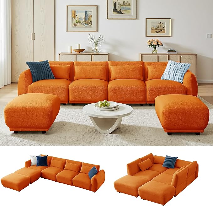 Sectional Sofa Couch, Modern Convertible U Shaped Sectional Couch with Ottoman, Modular Sectional Sofa Cloud Couches for Living Room (Orange, 4 Set + 2 Ottoman)